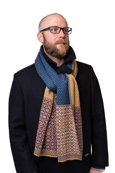 Design 4 - Thick Heritage Scarf with blue and flax polka dot centre - BAKKA