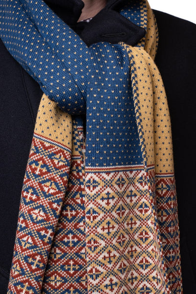 Design 4 - Thick Heritage Scarf with blue and flax polka dot centre - BAKKA