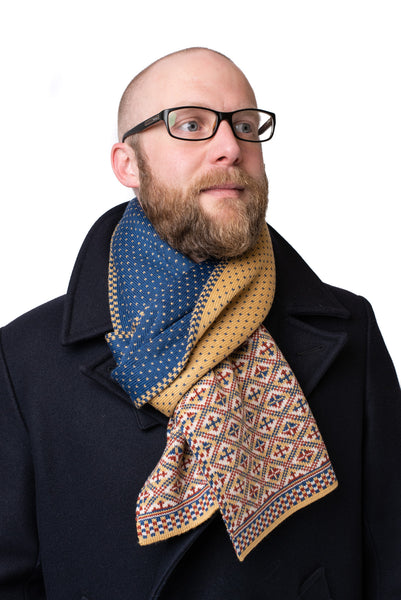 Design 4 - Thick Heritage Scarf with blue and flax polka dot centre - BAKKA